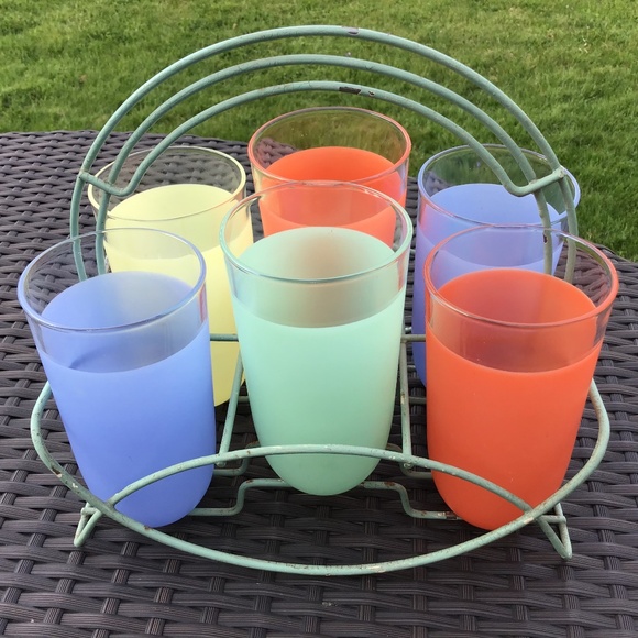 Vintage Frosted Cocktail Glasses & Drink Caddy Summer Party Set - Picture 1 of 16